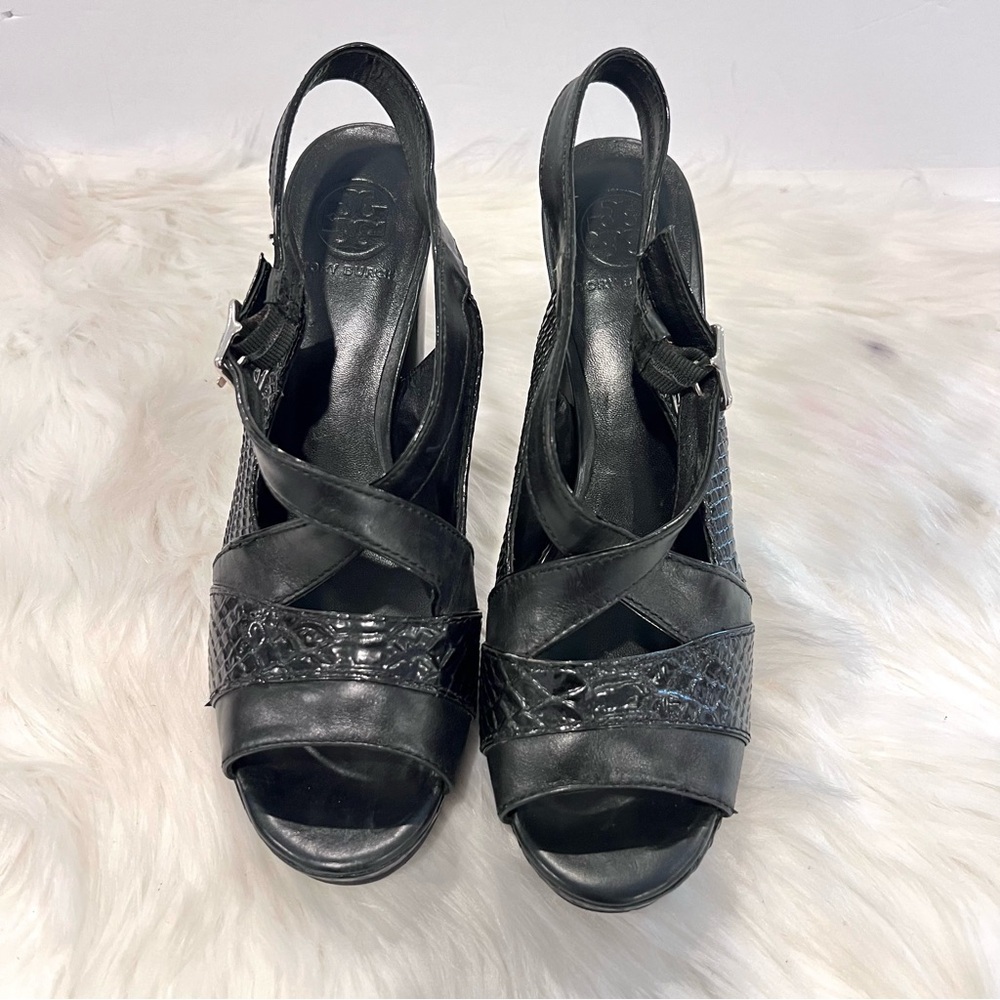 Tory Burch Women’s Black Snake Skin Leather Crisscross Platform Sandals Size 10M